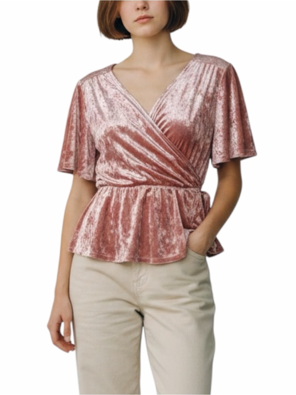 June & Hudson Womens Pink Velvet Wrap Top XL Short Sleeve Surplice Tie Waist Fit